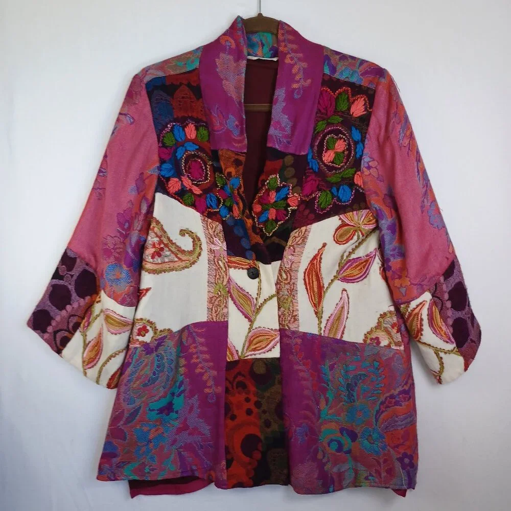 Soft Surroundings Jacket Pink Paisley Patchwork Boho Embroidered Womens Small‎